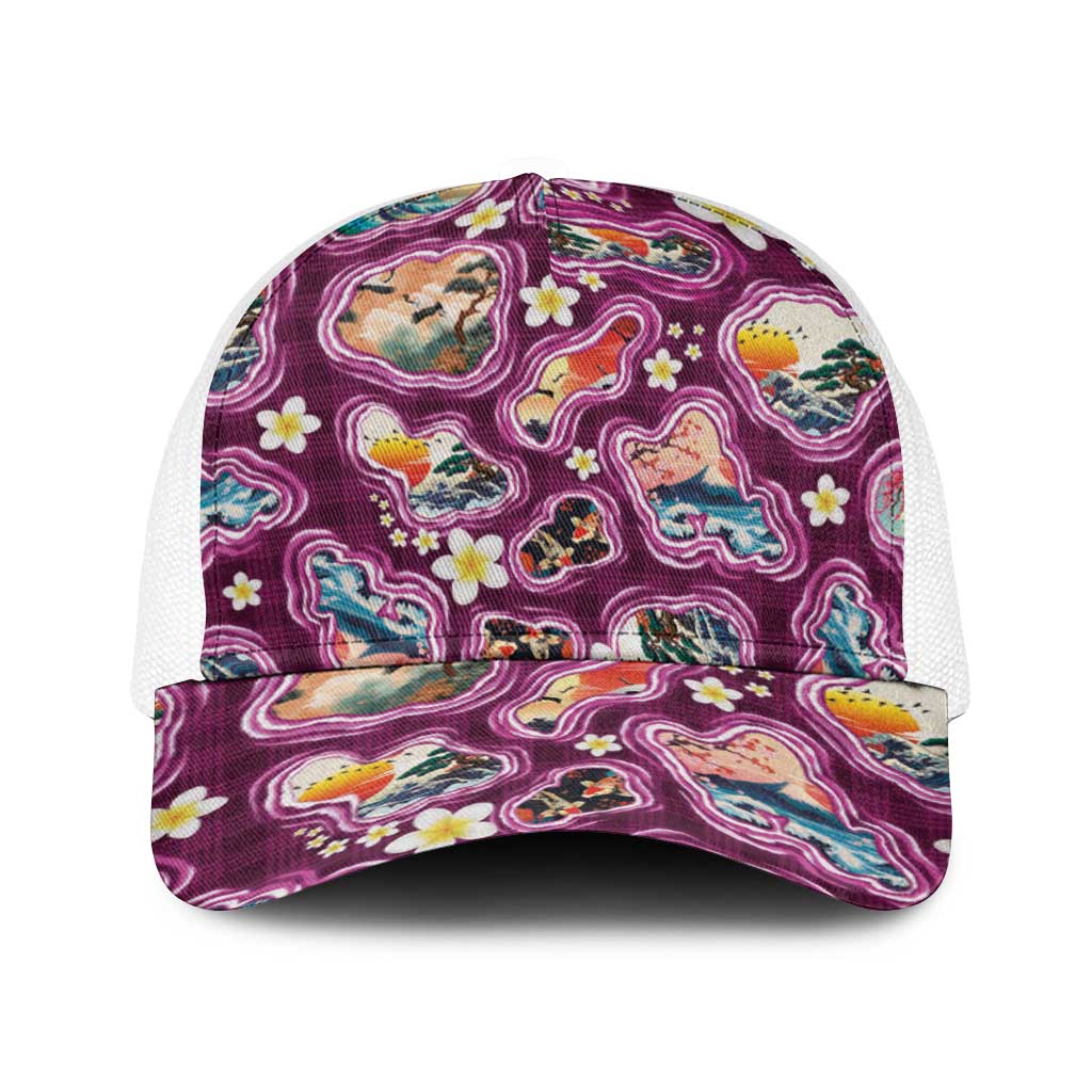 Hawaii Islands Map Design with Japanese Landscape Baseball Net Cap Hawaiian Japan Fusion Art Pink Color LT03 One Size White Pink - Polynesian Pride