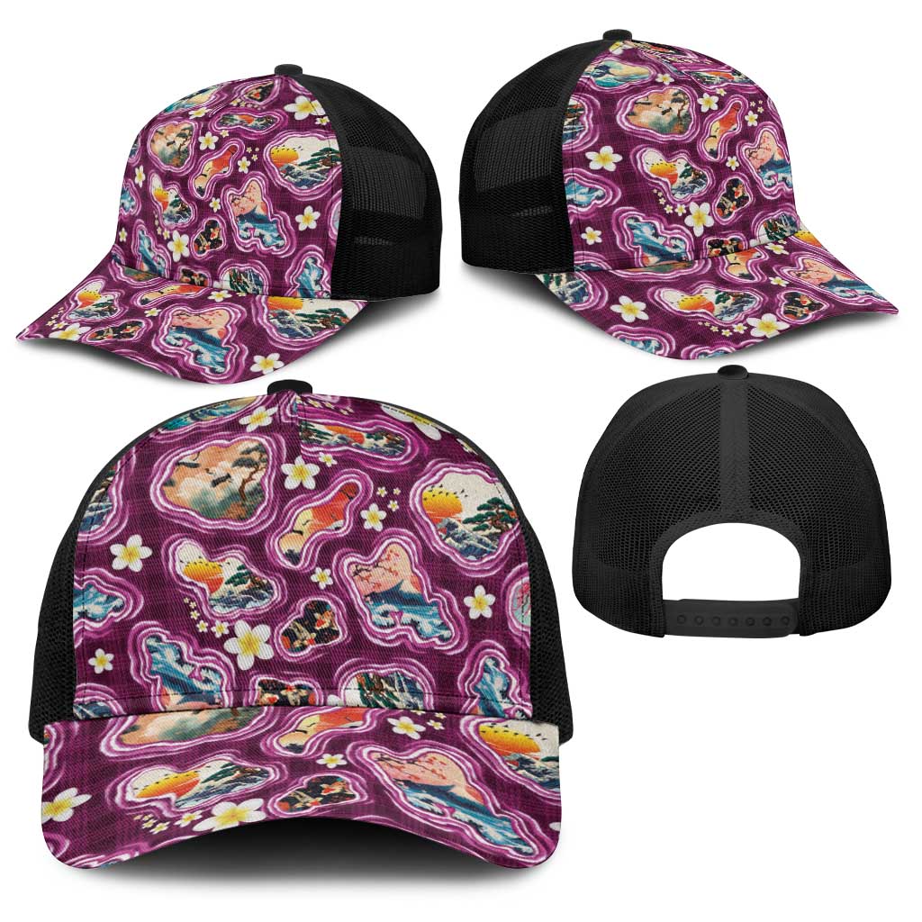 Hawaii Islands Map Design with Japanese Landscape Baseball Net Cap Hawaiian Japan Fusion Art Pink Color LT03 - Polynesian Pride