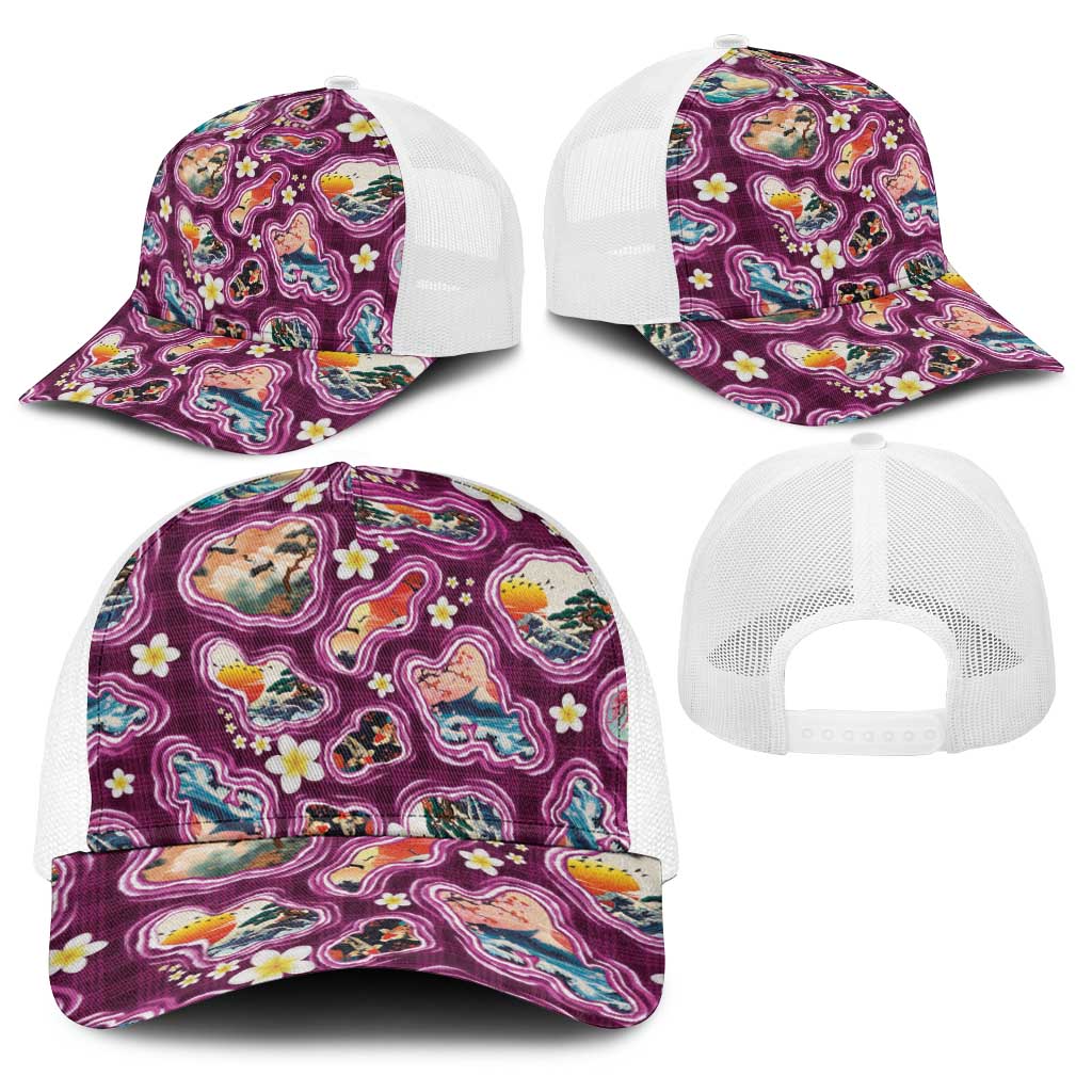 Hawaii Islands Map Design with Japanese Landscape Baseball Net Cap Hawaiian Japan Fusion Art Pink Color LT03 - Polynesian Pride