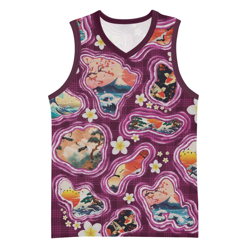 Hawaii Islands Map Design with Japanese Landscape Basketball Jersey Hawaiian Japan Fusion Art Pink Color
