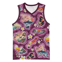 Hawaii Islands Map Design with Japanese Landscape Basketball Jersey Hawaiian Japan Fusion Art Pink Color