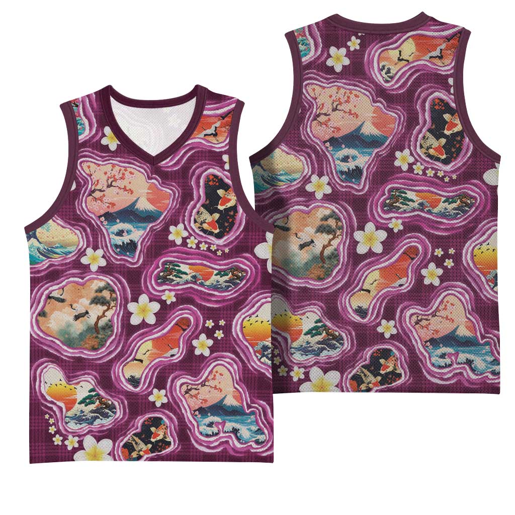 Hawaii Islands Map Design with Japanese Landscape Basketball Jersey Hawaiian Japan Fusion Art Pink Color