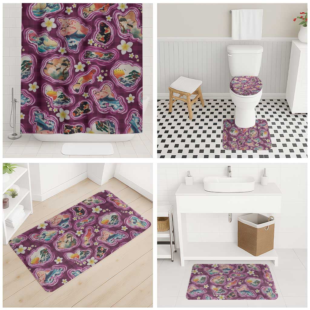 Hawaii Islands Map Design with Japanese Landscape Bathroom Set Hawaiian Japan Fusion Art Pink Color