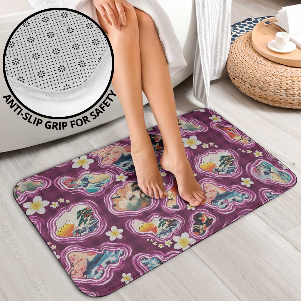 Hawaii Islands Map Design with Japanese Landscape Bathroom Set Hawaiian Japan Fusion Art Pink Color