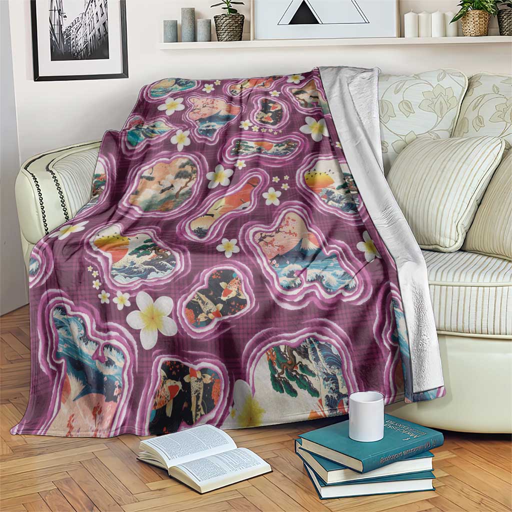 Hawaii Islands Map Design with Japanese Landscape Blanket Hawaiian Japan Fusion Art Pink Color