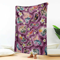 Hawaii Islands Map Design with Japanese Landscape Blanket Hawaiian Japan Fusion Art Pink Color