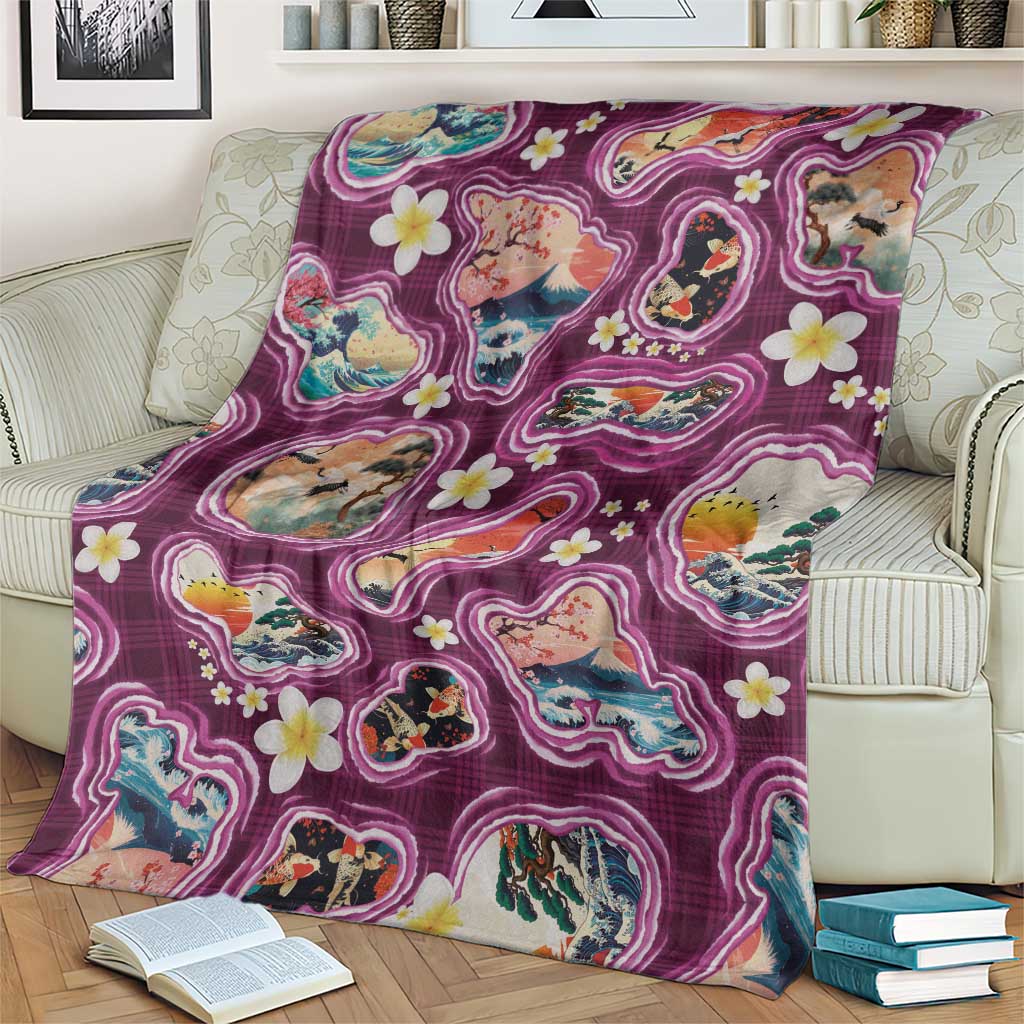 Hawaii Islands Map Design with Japanese Landscape Blanket Hawaiian Japan Fusion Art Pink Color