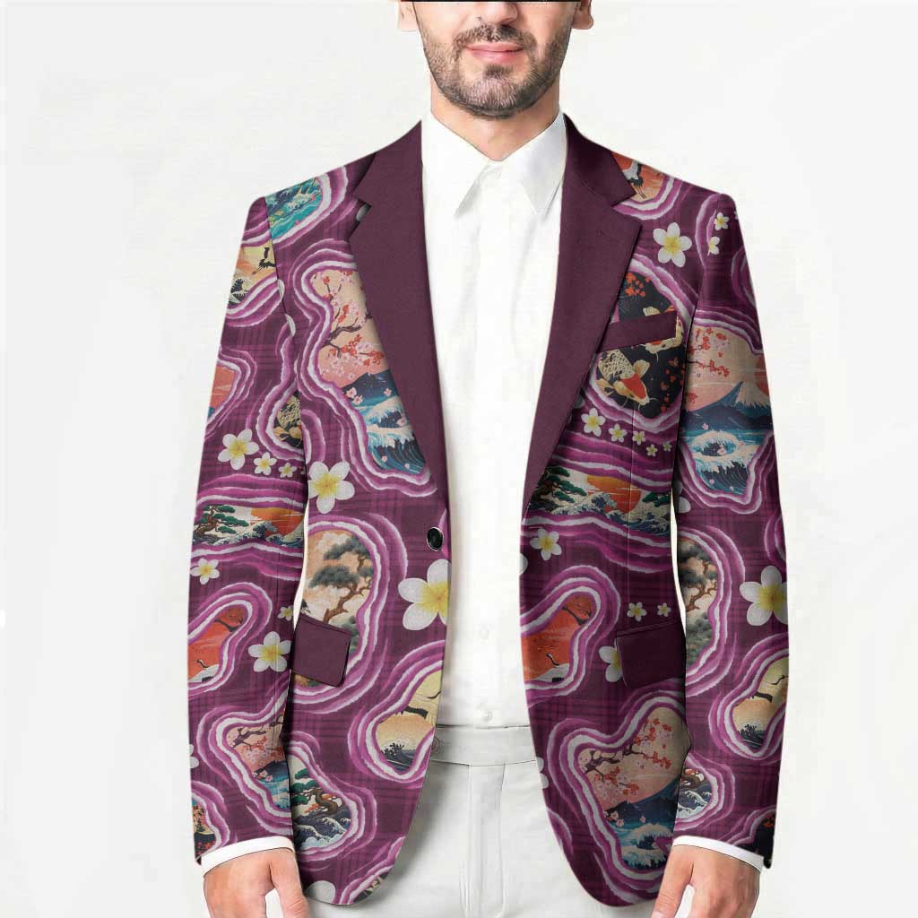 Hawaii Islands Map Design with Japanese Landscape Blazer Hawaiian Japan Fusion Art Pink Color