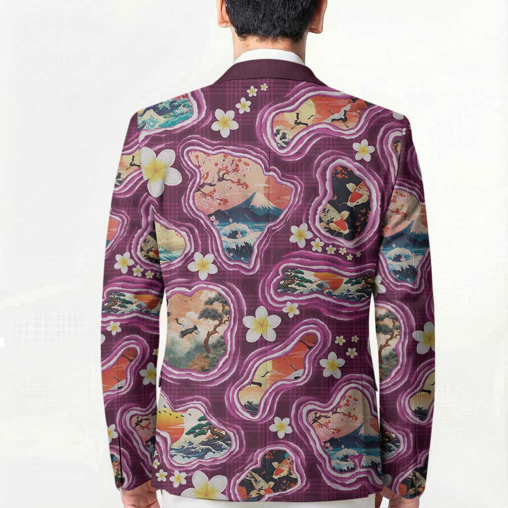 Hawaii Islands Map Design with Japanese Landscape Blazer Hawaiian Japan Fusion Art Pink Color
