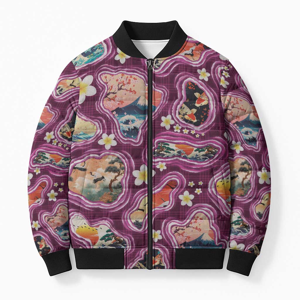 Hawaii Islands Map Design with Japanese Landscape Bomber Puffer Jacket Hawaiian Japan Fusion Art Pink Color LT03 Unisex Pink - Polynesian Pride