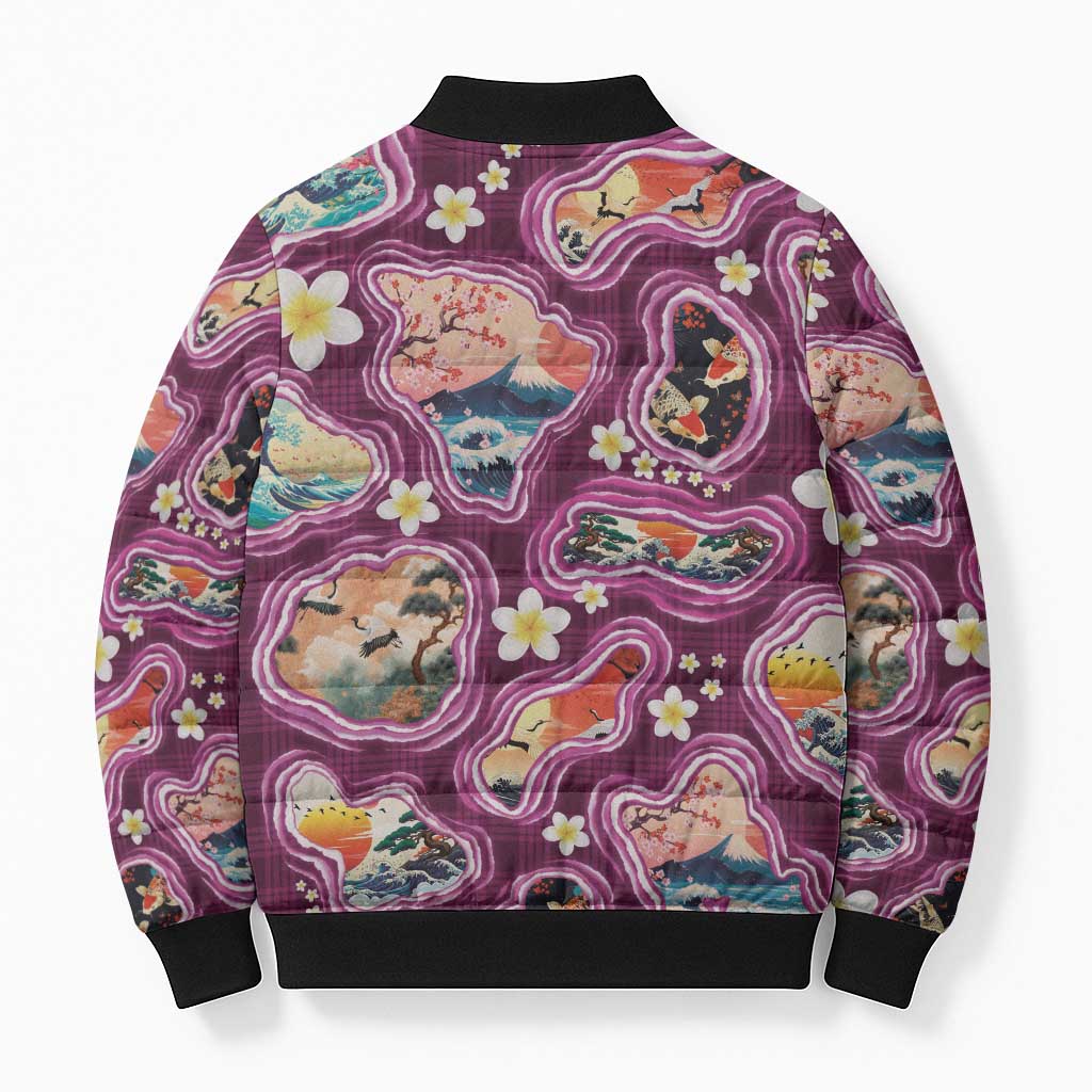 Hawaii Islands Map Design with Japanese Landscape Bomber Puffer Jacket Hawaiian Japan Fusion Art Pink Color