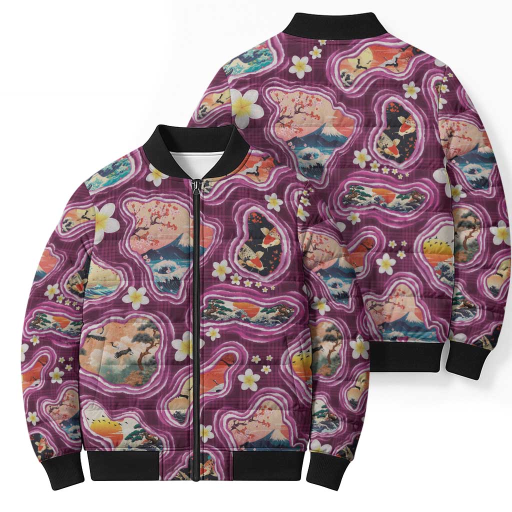 Hawaii Islands Map Design with Japanese Landscape Bomber Puffer Jacket Hawaiian Japan Fusion Art Pink Color