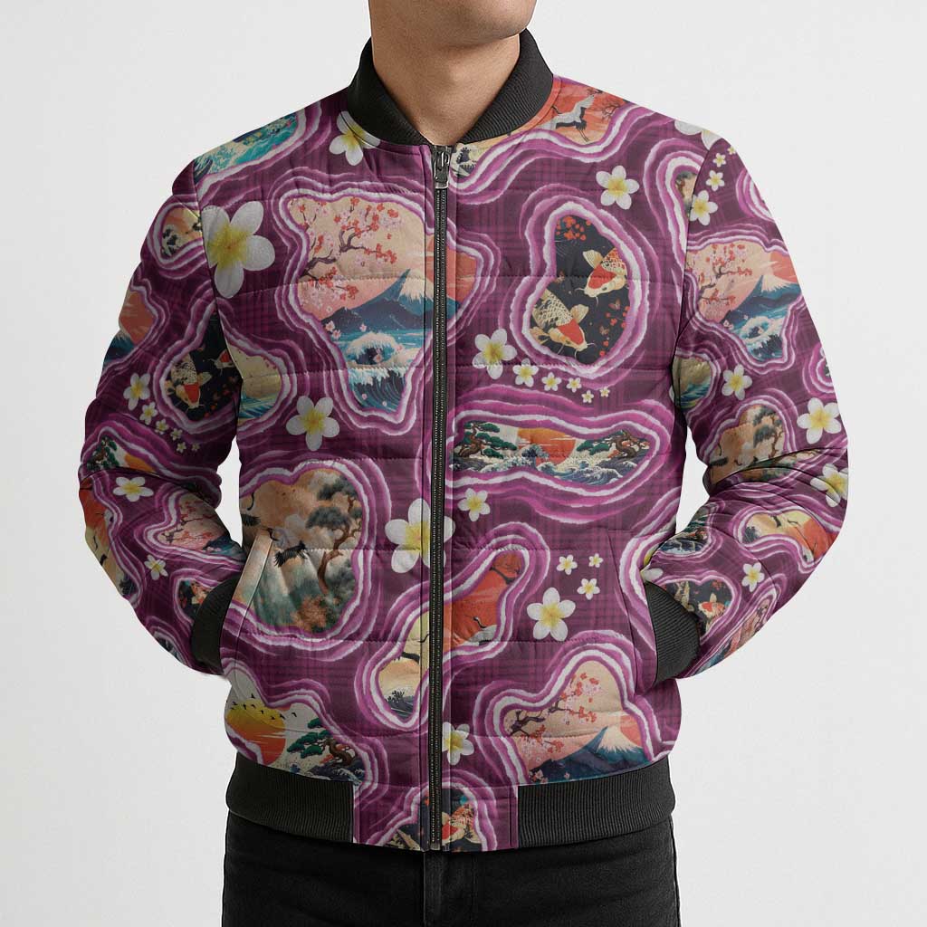 Hawaii Islands Map Design with Japanese Landscape Bomber Puffer Jacket Hawaiian Japan Fusion Art Pink Color