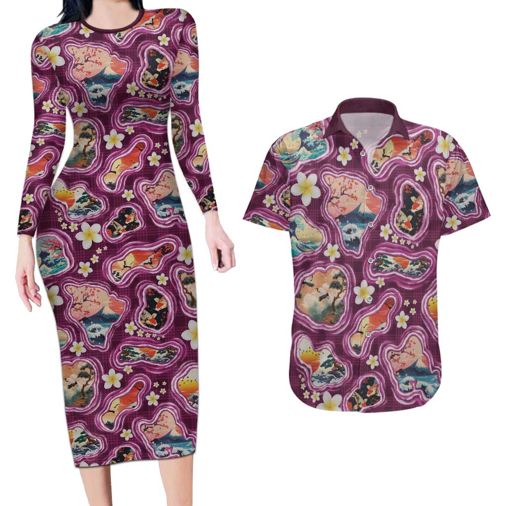 Hawaii Islands Map Design with Japanese Landscape Couples Matching Long Sleeve Bodycon Dress and Hawaiian Shirt Hawaiian Japan Fusion Art Pink Color