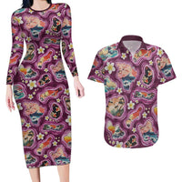 Hawaii Islands Map Design with Japanese Landscape Couples Matching Long Sleeve Bodycon Dress and Hawaiian Shirt Hawaiian Japan Fusion Art Pink Color