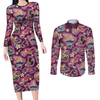 Hawaii Islands Map Design with Japanese Landscape Couples Matching Long Sleeve Bodycon Dress and Long Sleeve Button Shirt Hawaiian Japan Fusion Art Pink Color