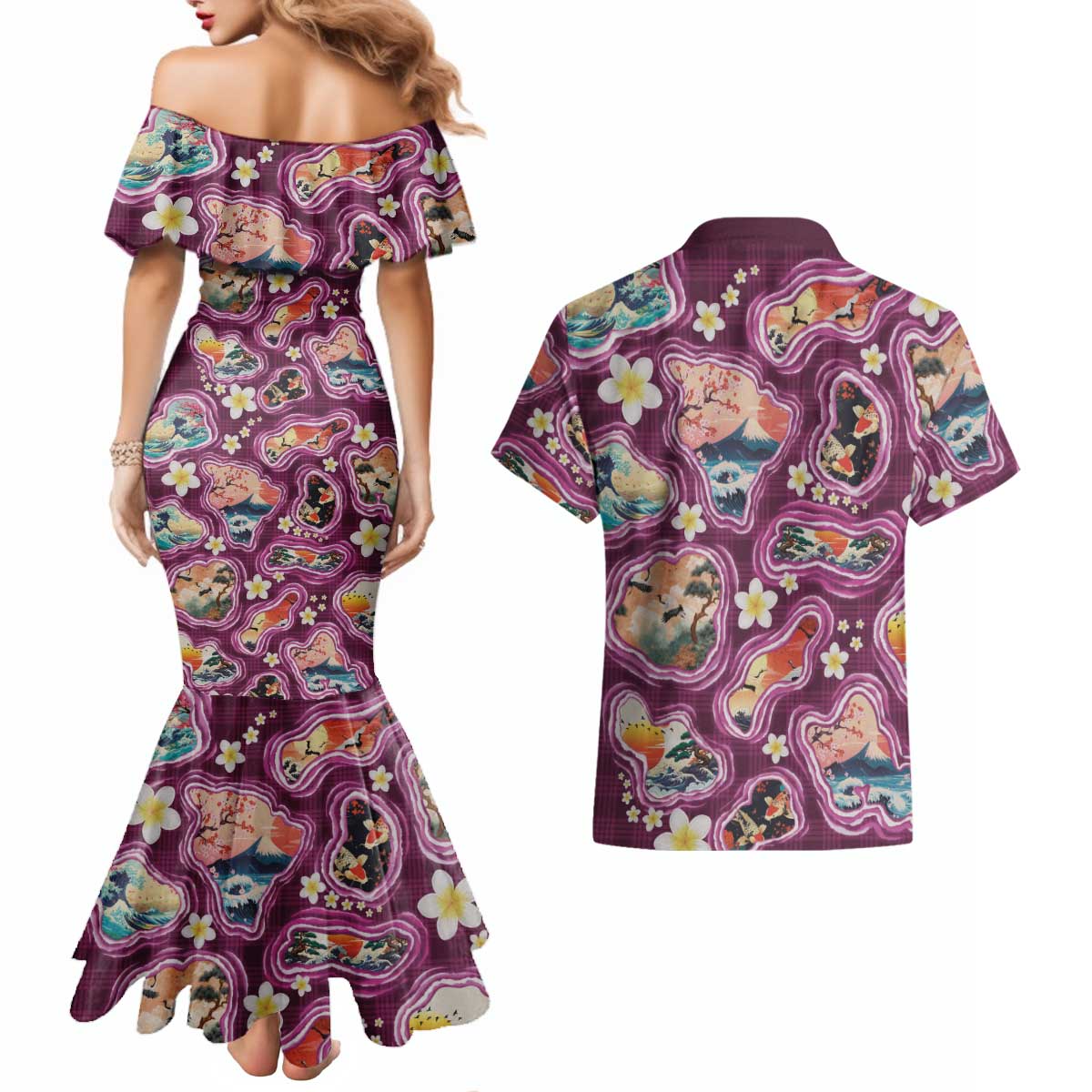 Hawaii Islands Map Design with Japanese Landscape Couples Matching Mermaid Dress and Hawaiian Shirt Hawaiian Japan Fusion Art Pink Color