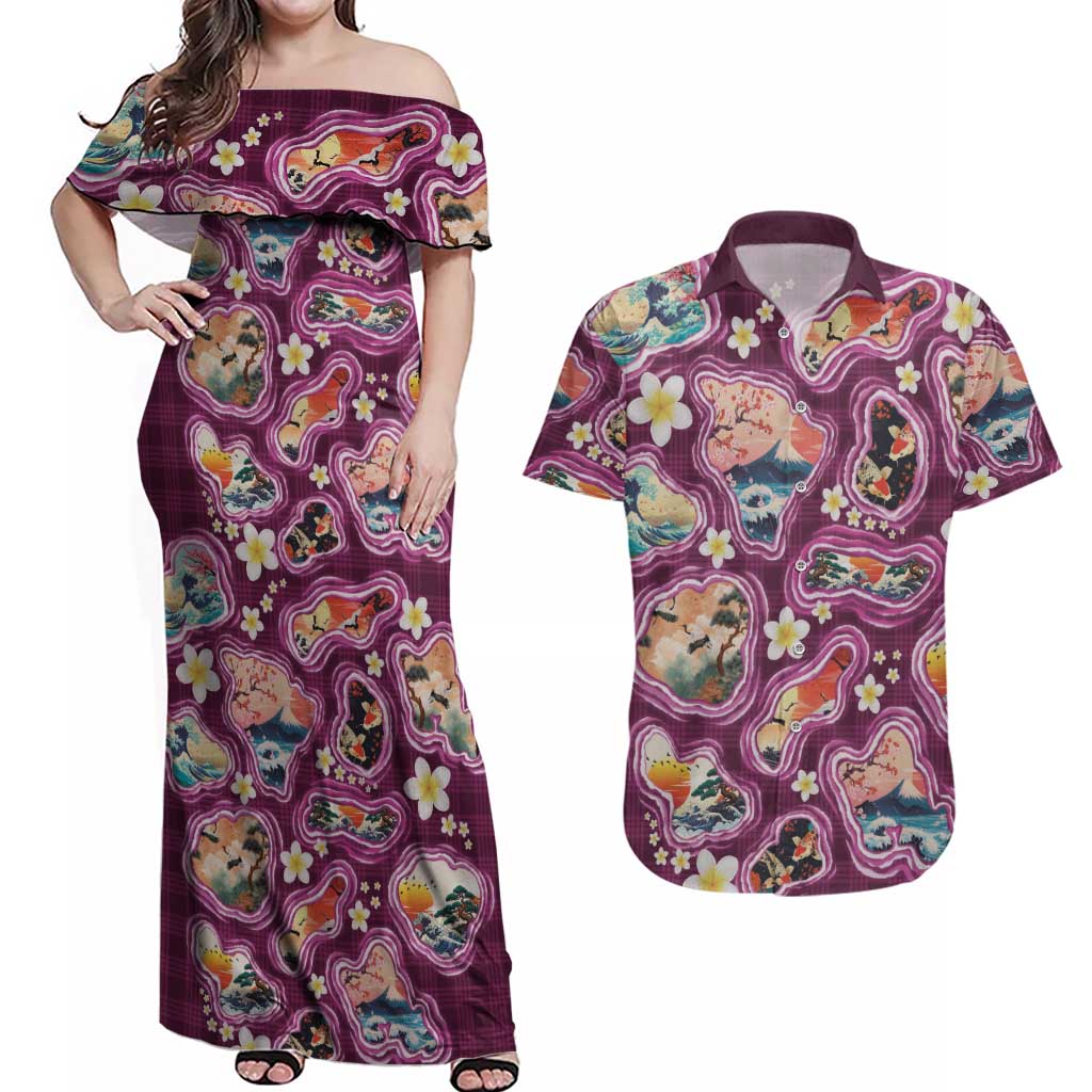 Hawaii Islands Map Design with Japanese Landscape Couples Matching Off Shoulder Maxi Dress and Hawaiian Shirt Hawaiian Japan Fusion Art Pink Color