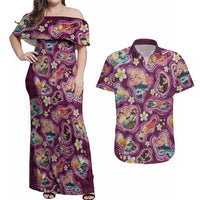 Hawaii Islands Map Design with Japanese Landscape Couples Matching Off Shoulder Maxi Dress and Hawaiian Shirt Hawaiian Japan Fusion Art Pink Color