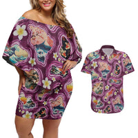 Hawaii Islands Map Design with Japanese Landscape Couples Matching Off Shoulder Short Dress and Hawaiian Shirt Hawaiian Japan Fusion Art Pink Color