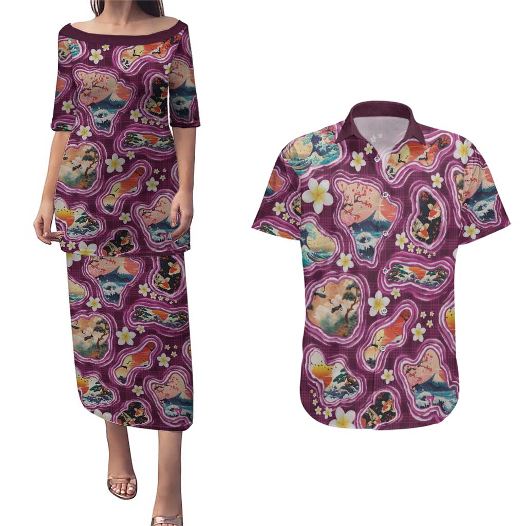 Hawaii Islands Map Design with Japanese Landscape Couples Matching Puletasi and Hawaiian Shirt Hawaiian Japan Fusion Art Pink Color