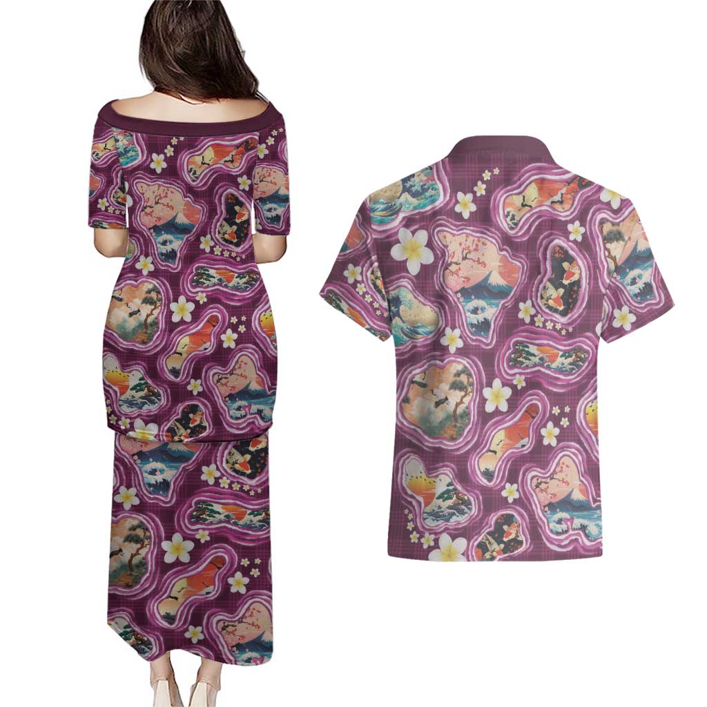 Hawaii Islands Map Design with Japanese Landscape Couples Matching Puletasi and Hawaiian Shirt Hawaiian Japan Fusion Art Pink Color