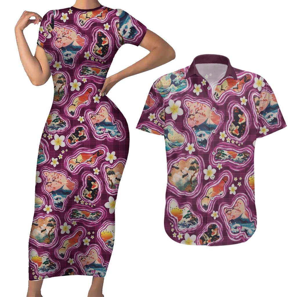 Hawaii Islands Map Design with Japanese Landscape Couples Matching Short Sleeve Bodycon Dress and Hawaiian Shirt Hawaiian Japan Fusion Art Pink Color