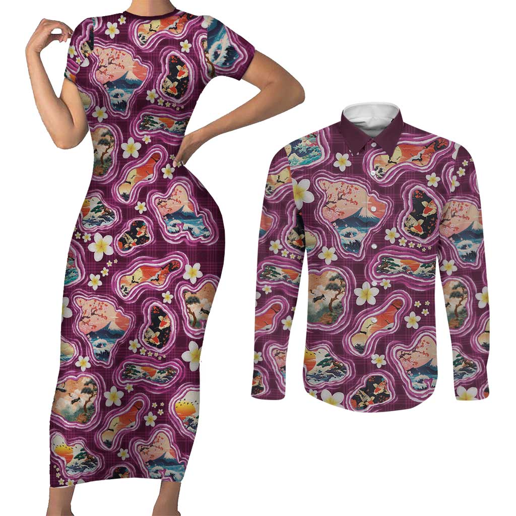 Hawaii Islands Map Design with Japanese Landscape Couples Matching Short Sleeve Bodycon Dress and Long Sleeve Button Shirt Hawaiian Japan Fusion Art Pink Color
