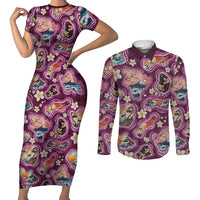 Hawaii Islands Map Design with Japanese Landscape Couples Matching Short Sleeve Bodycon Dress and Long Sleeve Button Shirt Hawaiian Japan Fusion Art Pink Color