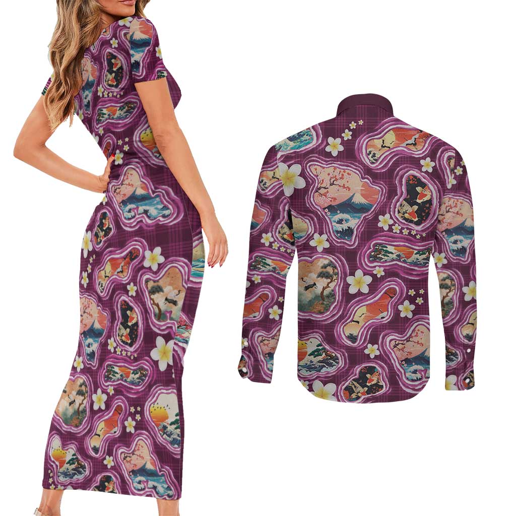 Hawaii Islands Map Design with Japanese Landscape Couples Matching Short Sleeve Bodycon Dress and Long Sleeve Button Shirt Hawaiian Japan Fusion Art Pink Color
