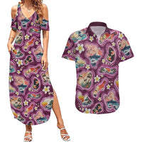 Hawaii Islands Map Design with Japanese Landscape Couples Matching Summer Maxi Dress and Hawaiian Shirt Hawaiian Japan Fusion Art Pink Color