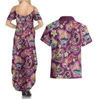 Hawaii Islands Map Design with Japanese Landscape Couples Matching Summer Maxi Dress and Hawaiian Shirt Hawaiian Japan Fusion Art Pink Color