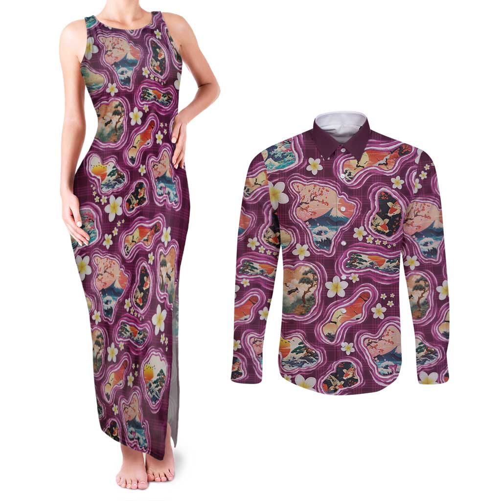 Hawaii Islands Map Design with Japanese Landscape Couples Matching Tank Maxi Dress and Long Sleeve Button Shirt Hawaiian Japan Fusion Art Pink Color LT03 Pink - Polynesian Pride