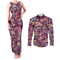 Hawaii Islands Map Design with Japanese Landscape Couples Matching Tank Maxi Dress and Long Sleeve Button Shirt Hawaiian Japan Fusion Art Pink Color
