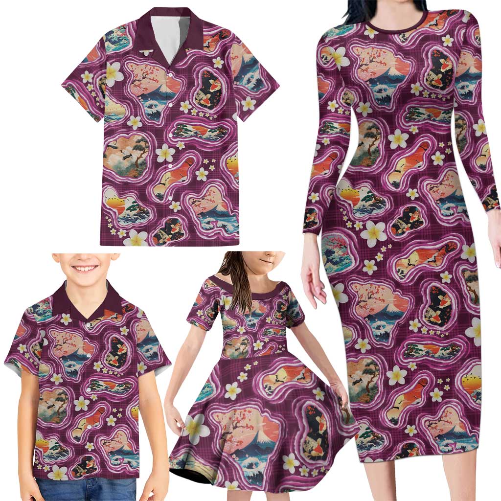 Hawaii Islands Map Design with Japanese Landscape Family Matching Long Sleeve Bodycon Dress and Hawaiian Shirt Hawaiian Japan Fusion Art Pink Color LT03 - Polynesian Pride