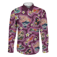 Hawaii Islands Map Design with Japanese Landscape Family Matching Long Sleeve Bodycon Dress and Hawaiian Shirt Hawaiian Japan Fusion Art Pink Color