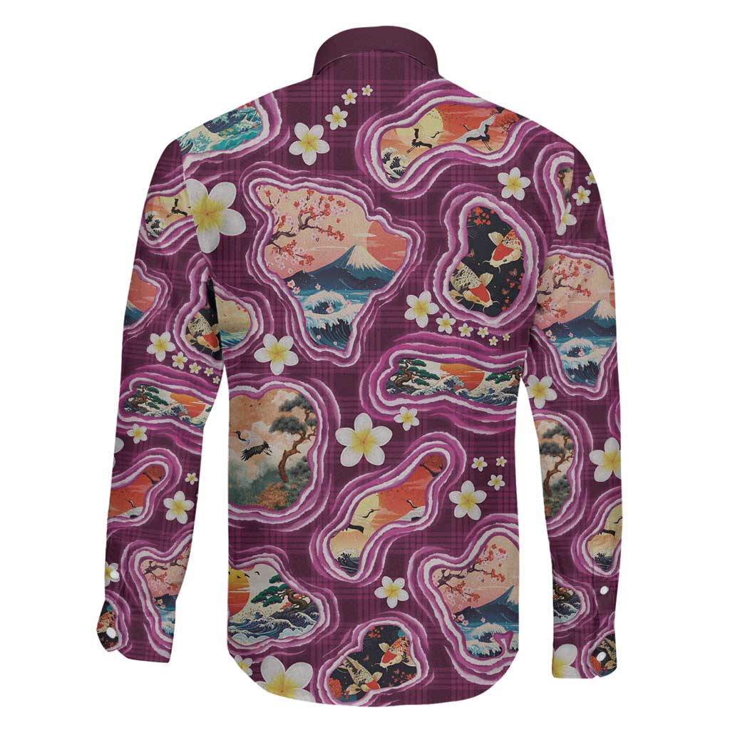 Hawaii Islands Map Design with Japanese Landscape Family Matching Long Sleeve Bodycon Dress and Hawaiian Shirt Hawaiian Japan Fusion Art Pink Color