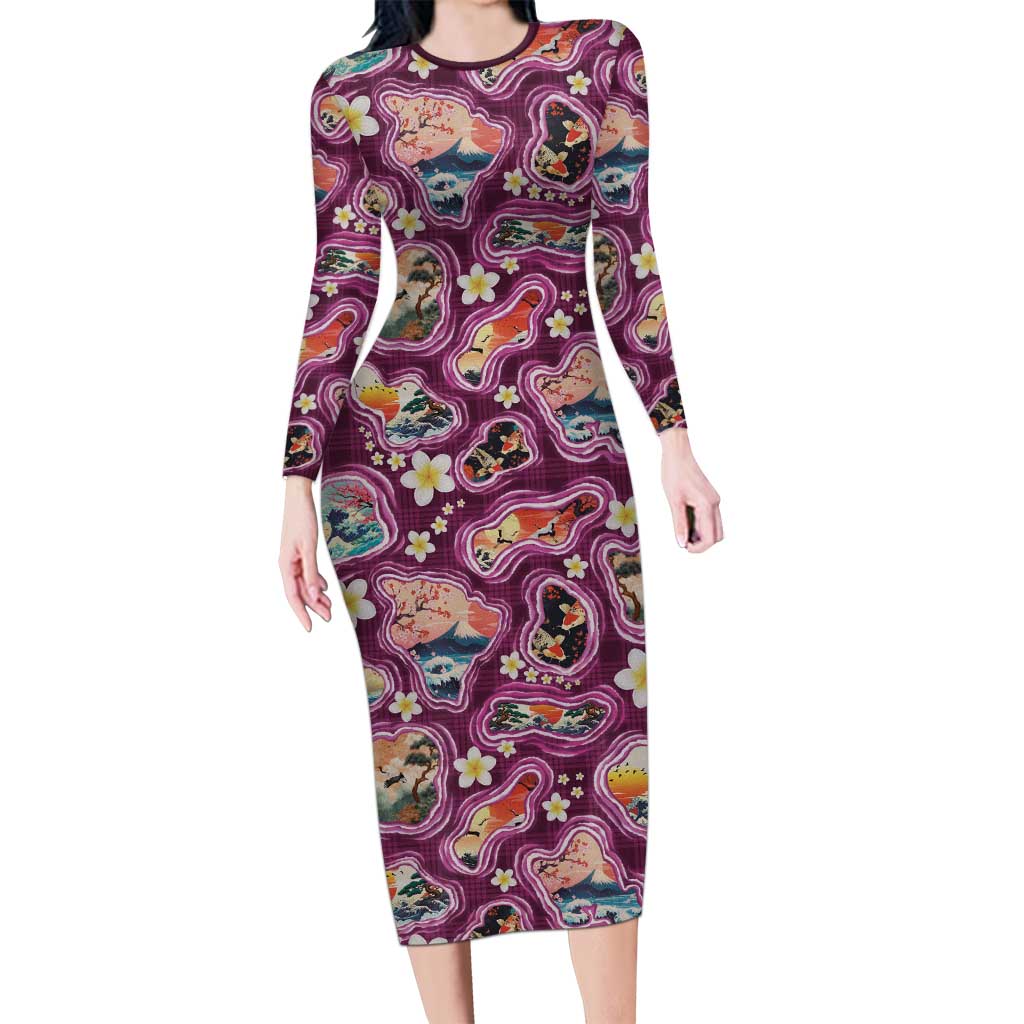 Hawaii Islands Map Design with Japanese Landscape Family Matching Long Sleeve Bodycon Dress and Hawaiian Shirt Hawaiian Japan Fusion Art Pink Color