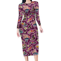 Hawaii Islands Map Design with Japanese Landscape Family Matching Long Sleeve Bodycon Dress and Hawaiian Shirt Hawaiian Japan Fusion Art Pink Color