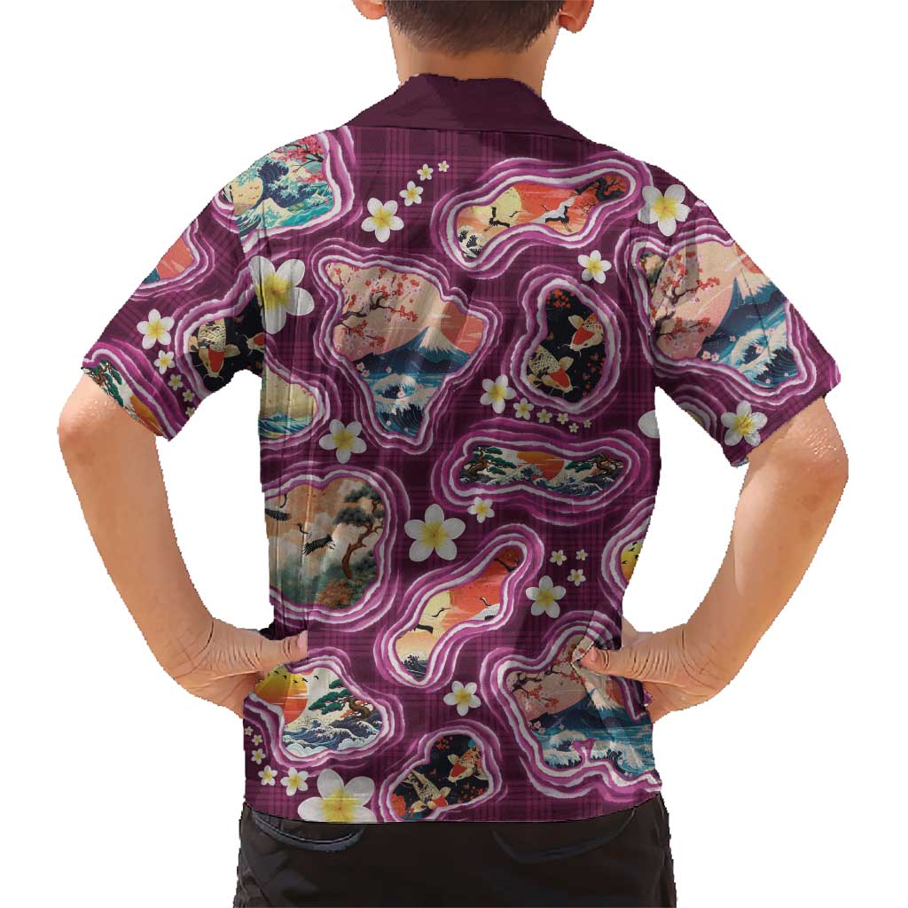 Hawaii Islands Map Design with Japanese Landscape Family Matching Mermaid Dress and Hawaiian Shirt Hawaiian Japan Fusion Art Pink Color