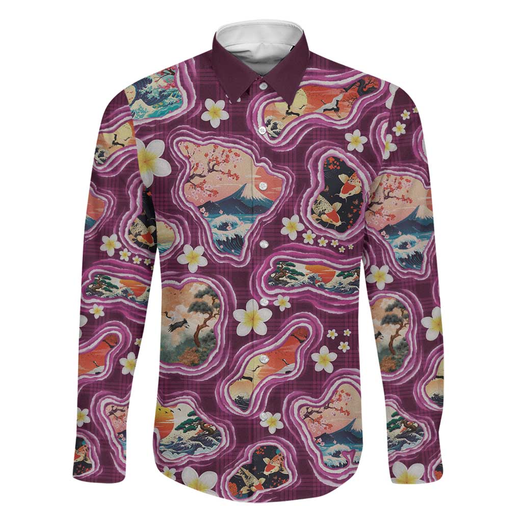 Hawaii Islands Map Design with Japanese Landscape Family Matching Mermaid Dress and Hawaiian Shirt Hawaiian Japan Fusion Art Pink Color
