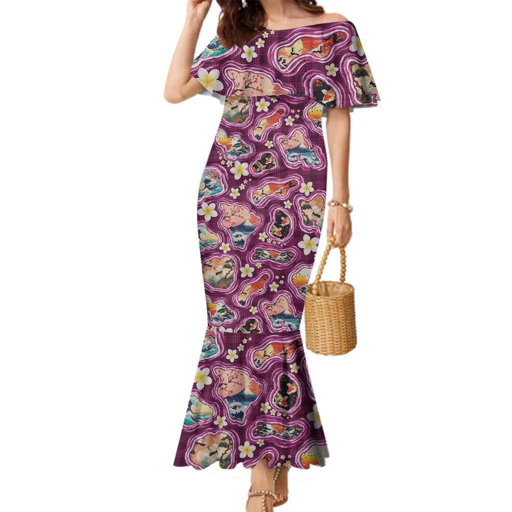 Hawaii Islands Map Design with Japanese Landscape Family Matching Mermaid Dress and Hawaiian Shirt Hawaiian Japan Fusion Art Pink Color