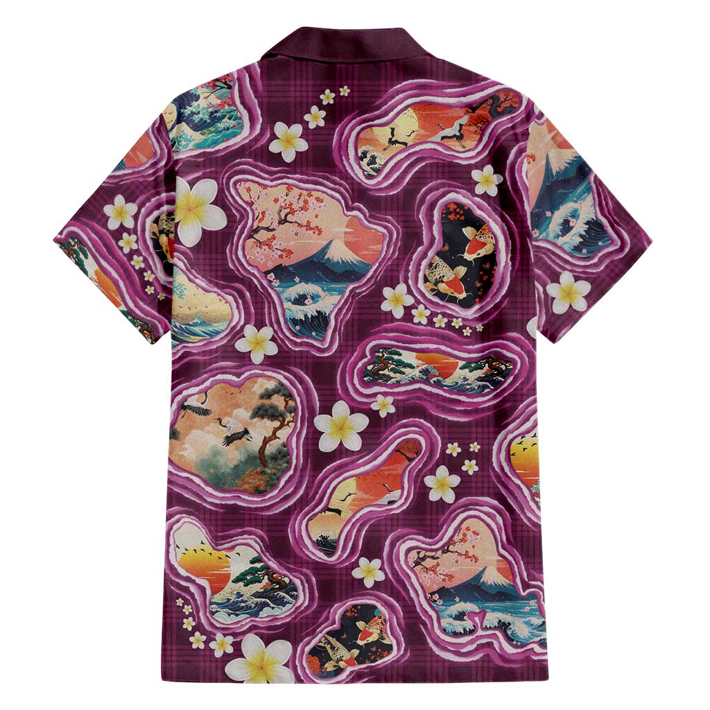 Hawaii Islands Map Design with Japanese Landscape Family Matching Off The Shoulder Long Sleeve Dress and Hawaiian Shirt Hawaiian Japan Fusion Art Pink Color