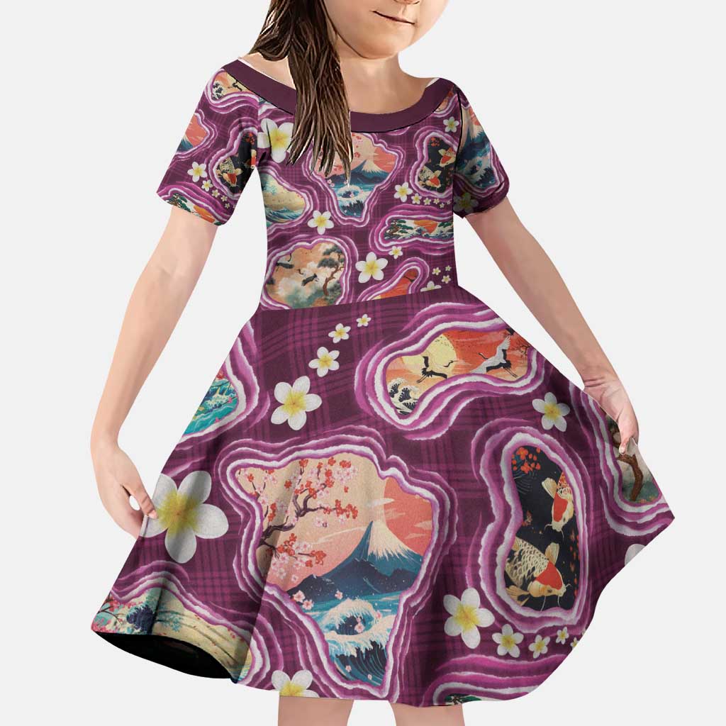 Hawaii Islands Map Design with Japanese Landscape Family Matching Off Shoulder Maxi Dress and Hawaiian Shirt Hawaiian Japan Fusion Art Pink Color