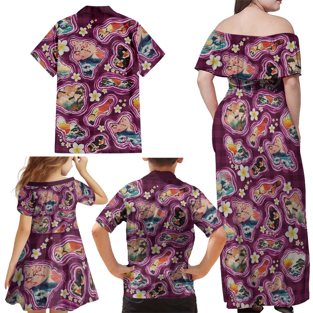 Hawaii Islands Map Design with Japanese Landscape Family Matching Off Shoulder Maxi Dress and Hawaiian Shirt Hawaiian Japan Fusion Art Pink Color