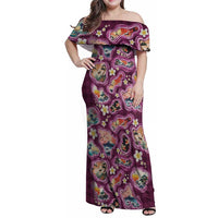 Hawaii Islands Map Design with Japanese Landscape Family Matching Off Shoulder Maxi Dress and Hawaiian Shirt Hawaiian Japan Fusion Art Pink Color