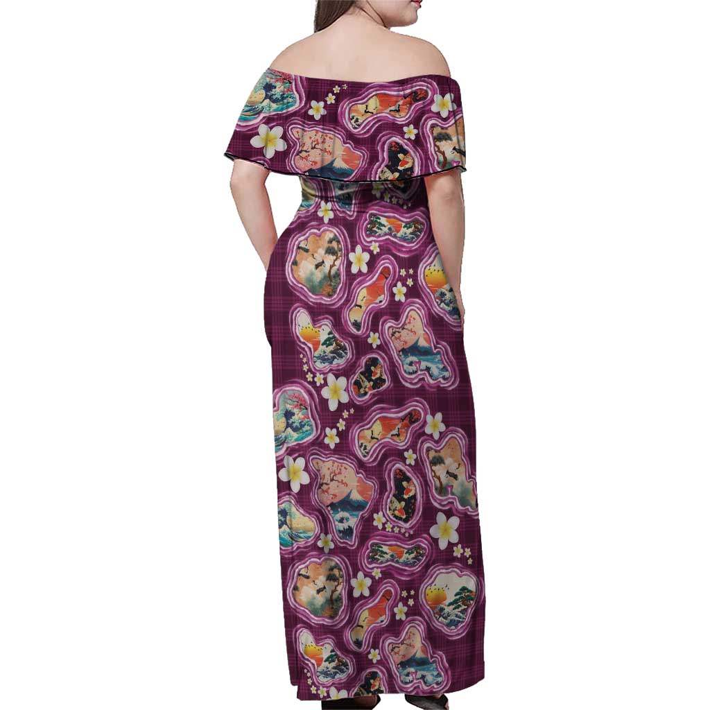 Hawaii Islands Map Design with Japanese Landscape Family Matching Off Shoulder Maxi Dress and Hawaiian Shirt Hawaiian Japan Fusion Art Pink Color