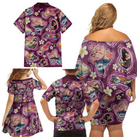Hawaii Islands Map Design with Japanese Landscape Family Matching Off Shoulder Short Dress and Hawaiian Shirt Hawaiian Japan Fusion Art Pink Color