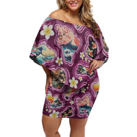 Hawaii Islands Map Design with Japanese Landscape Family Matching Off Shoulder Short Dress and Hawaiian Shirt Hawaiian Japan Fusion Art Pink Color