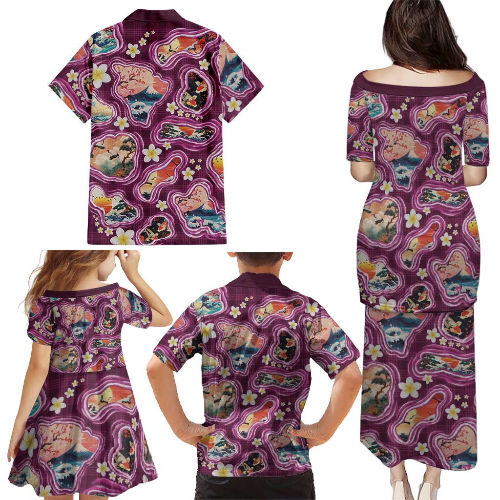 Hawaii Islands Map Design with Japanese Landscape Family Matching Puletasi and Hawaiian Shirt Hawaiian Japan Fusion Art Pink Color